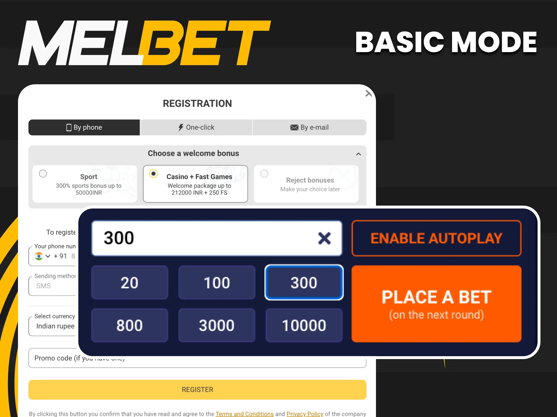 Master the Basic Mode to control your Crash Game bets manually on Melbet.