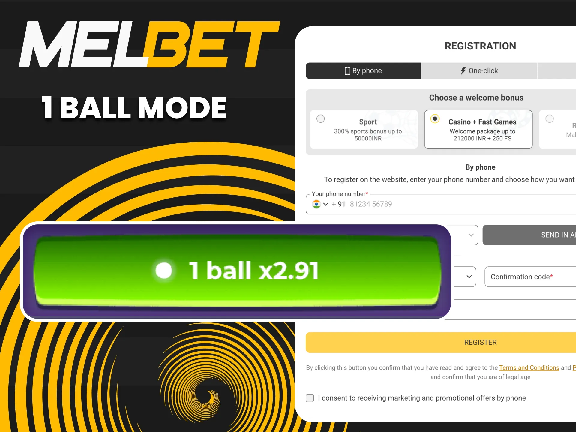 Increase your odds in the 1 Ball Mode of the Melbet Thimbles game.